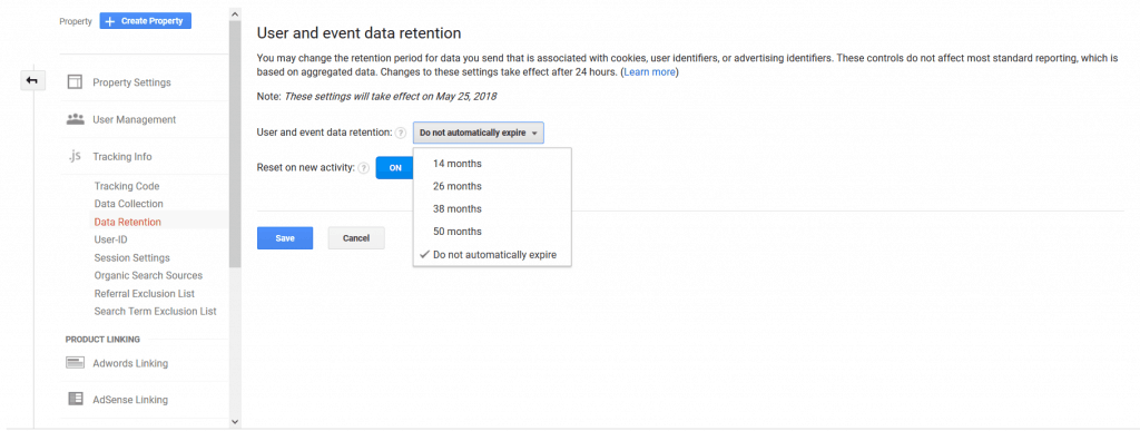 save your google analytics data - change your google data retention settings