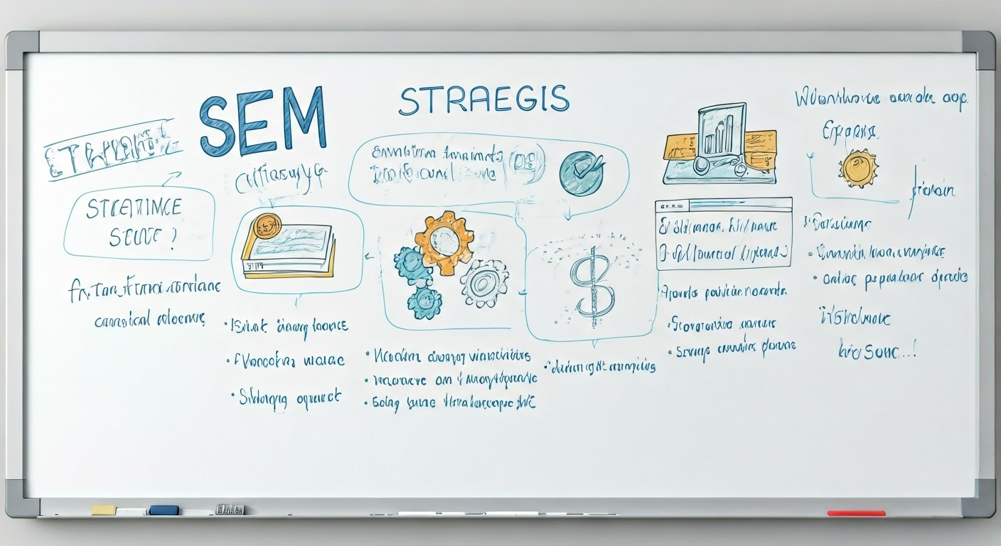 Whiteboard showing SEM strategies.