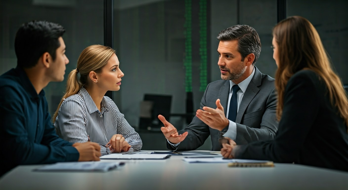 Financial advisor with clients discussing strategies.