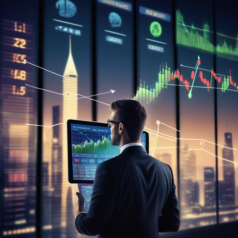 Silhouette of a financial adviser against a cityscape with stock charts and growth symbols.