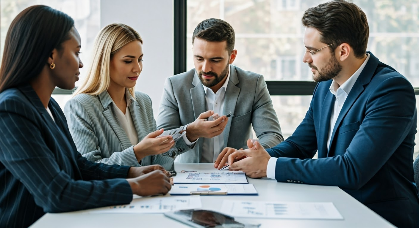 Financial advisors brainstorming marketing strategies.